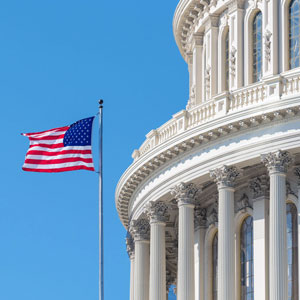 a U.S. flag waves outside the Capitol
