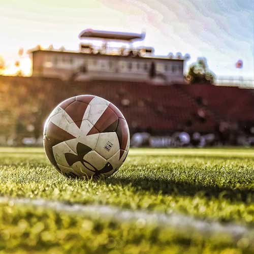 USC soccer ball sits on the pitch at Stone Stadium. 