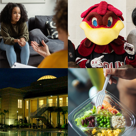 four images: student with counselor, Cocky, fitness center and a healthy meal