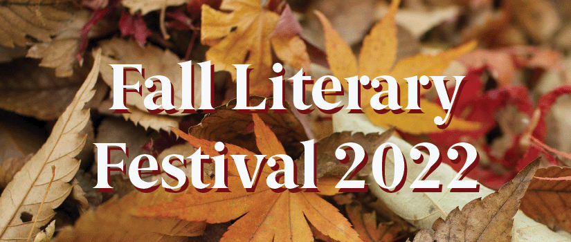 Fall Literary Festival 2022 on a background of red and brown leaves