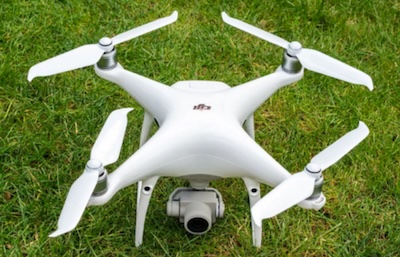 The Phantom 4 drone on a grassy field