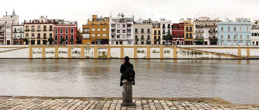 Student on a brick path staring at row houses across a river
