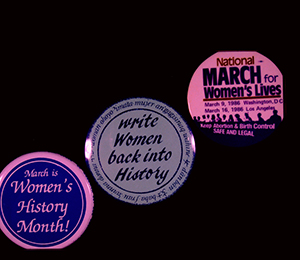 wearable buttons for women's rights, write women back into history, womens march, women's history month