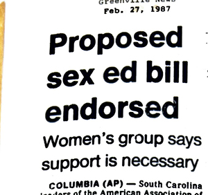 Newspaper clipping reads "proposed sex ed bill endorsed" Women's group says support is necessary