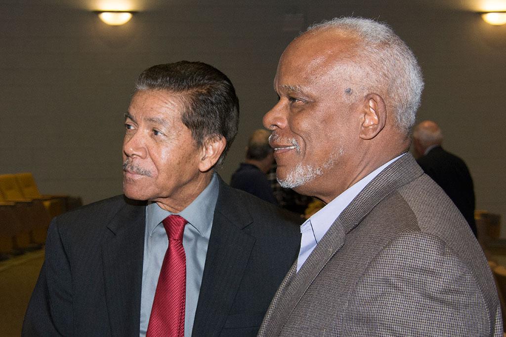 Cecil Williams and Stanley Nelson Jr. talk with audience members before showing and discussing Nelson’s civil rights documentary films and Williams’ photojournalism on April 1 in the historic Booker T. Washington Auditorium.
