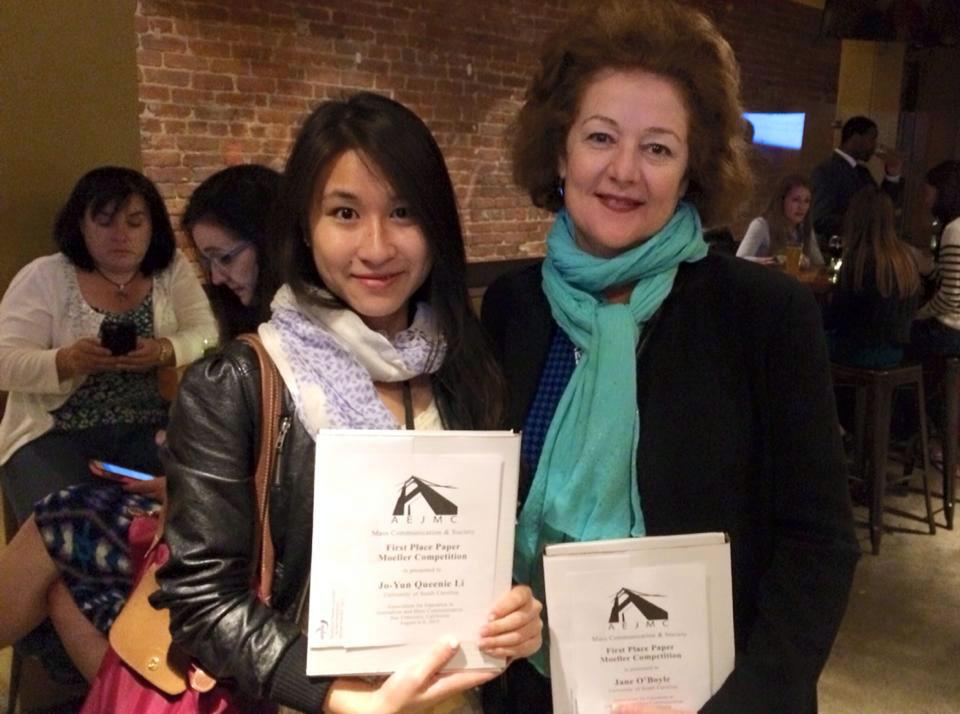 Jo-Yun Li (left) and Jane O’Boyle won the Moeller Award for best graduate student paper in the Mass Communications and Society Division.
