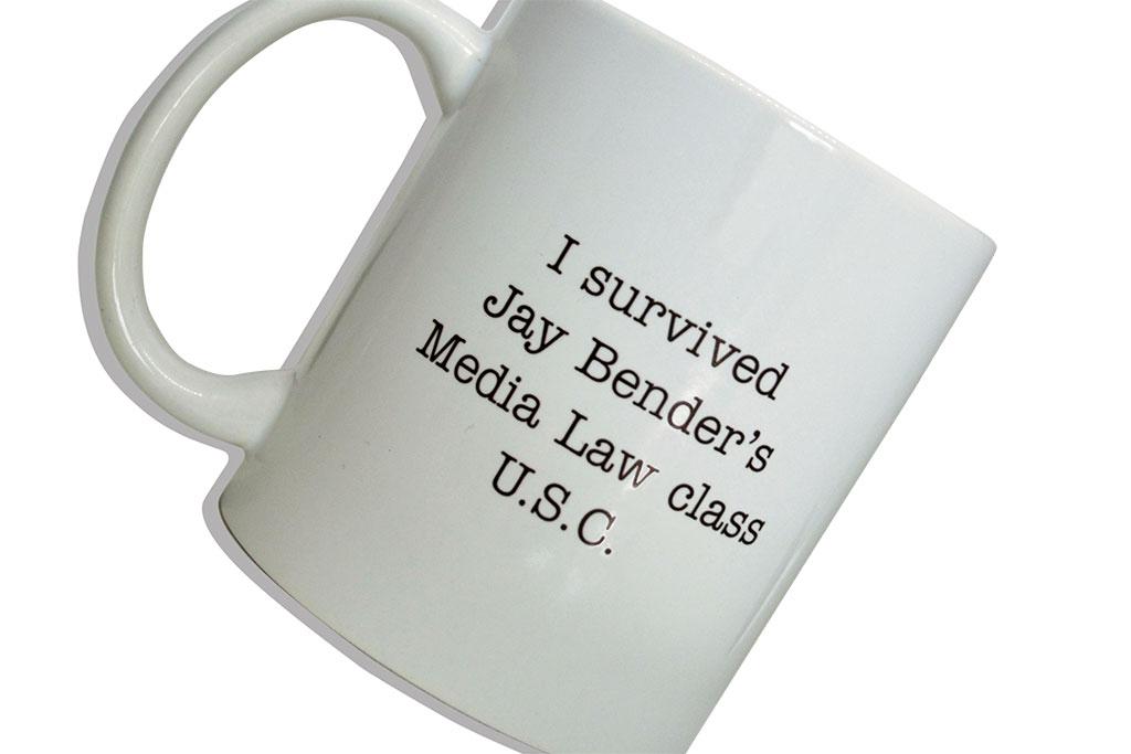 The iconic mug that Jay Bender hands out after his students pass Media Law. 