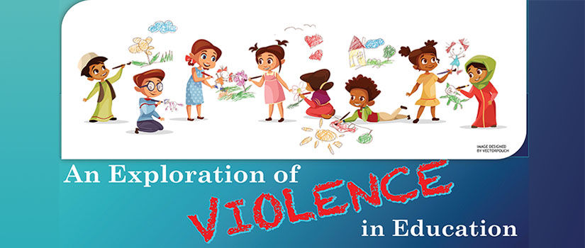 vector art of children of various races/ethnicities. Text below reads 'An Exploration of Violence in Education.' Artwork by Vectorpouch