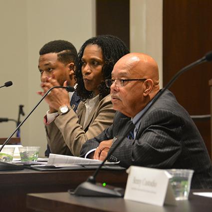 The panel included (left to right) Aaron Greene, BLSA Social Action Chair and 2018 Ella Baker Legal Intern, Yolonda Marshall, Social Worker for the Richland County Public Defender's Office, and I. S. Leevy Johnson, Former Politician and Criminal Defense Attorney.
