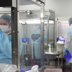 The clean room is an isolated, germ-free environment with an observation window, video cameras and flat-screen televisions that can be used as instructional aids.