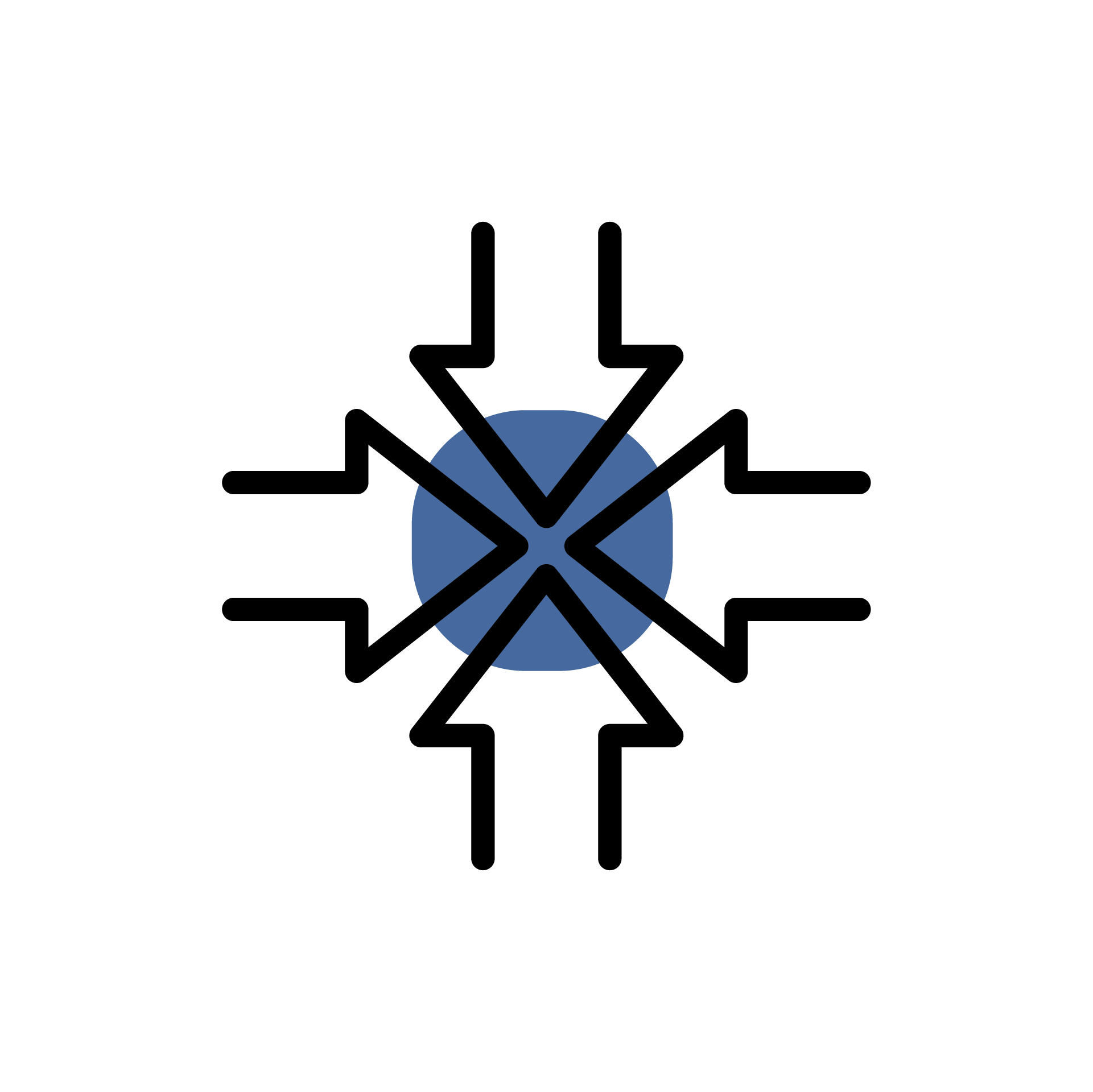 Blue and black graphic of four arrows pointing to a blue dot in the center.