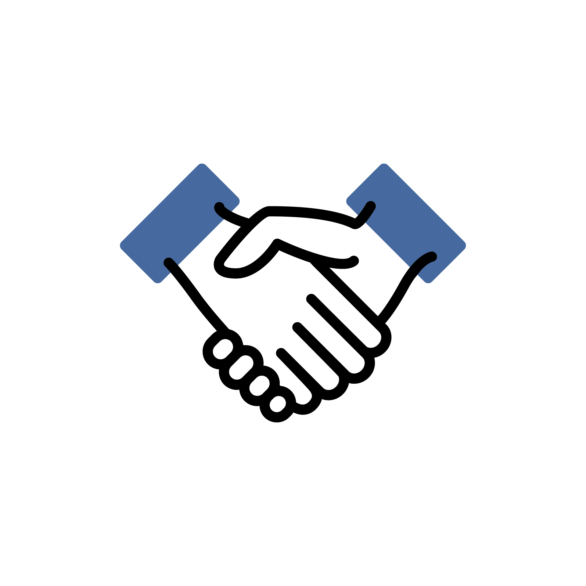 Blue and black graphic of two hands shaking.