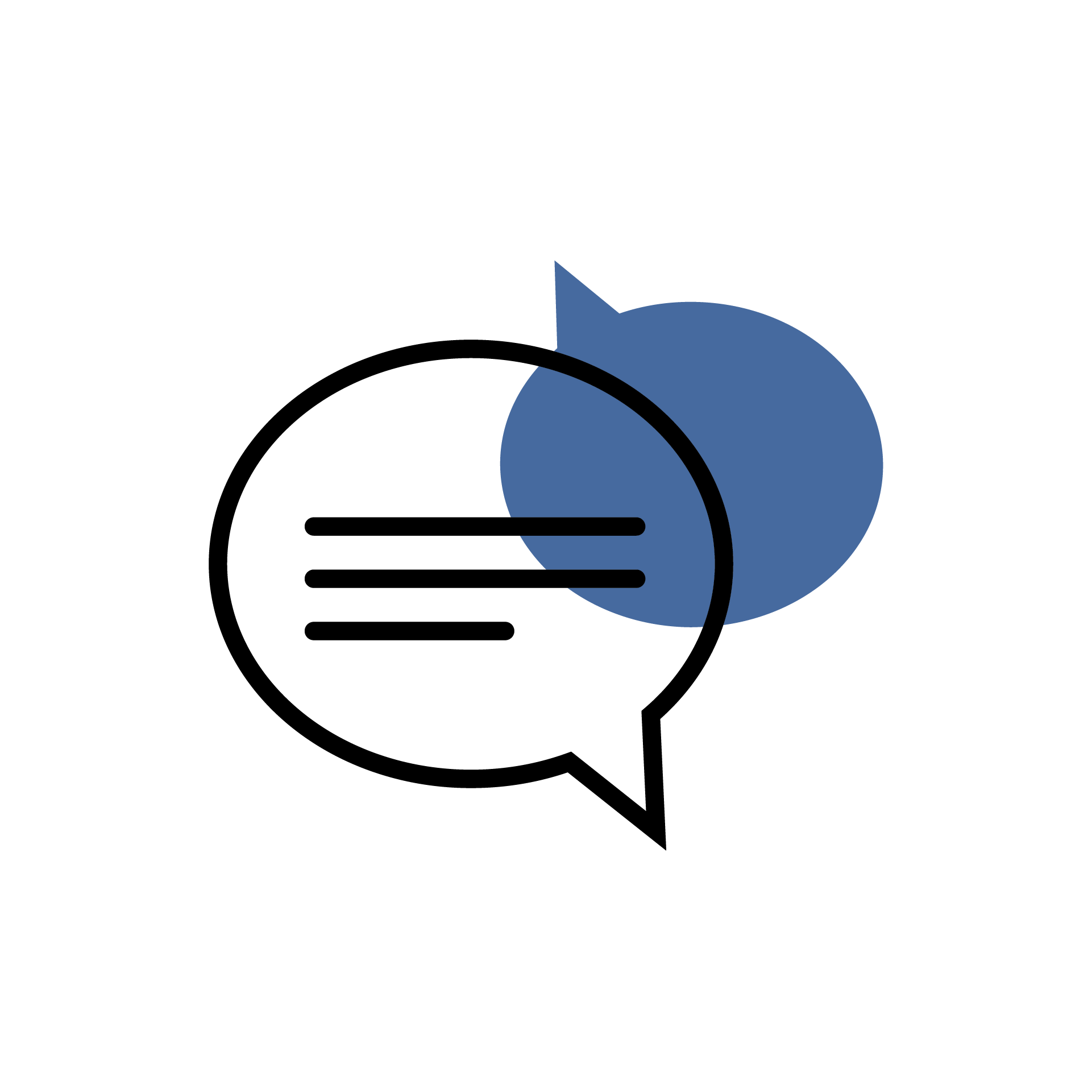 Blue and black graphic of two speech bubbles.