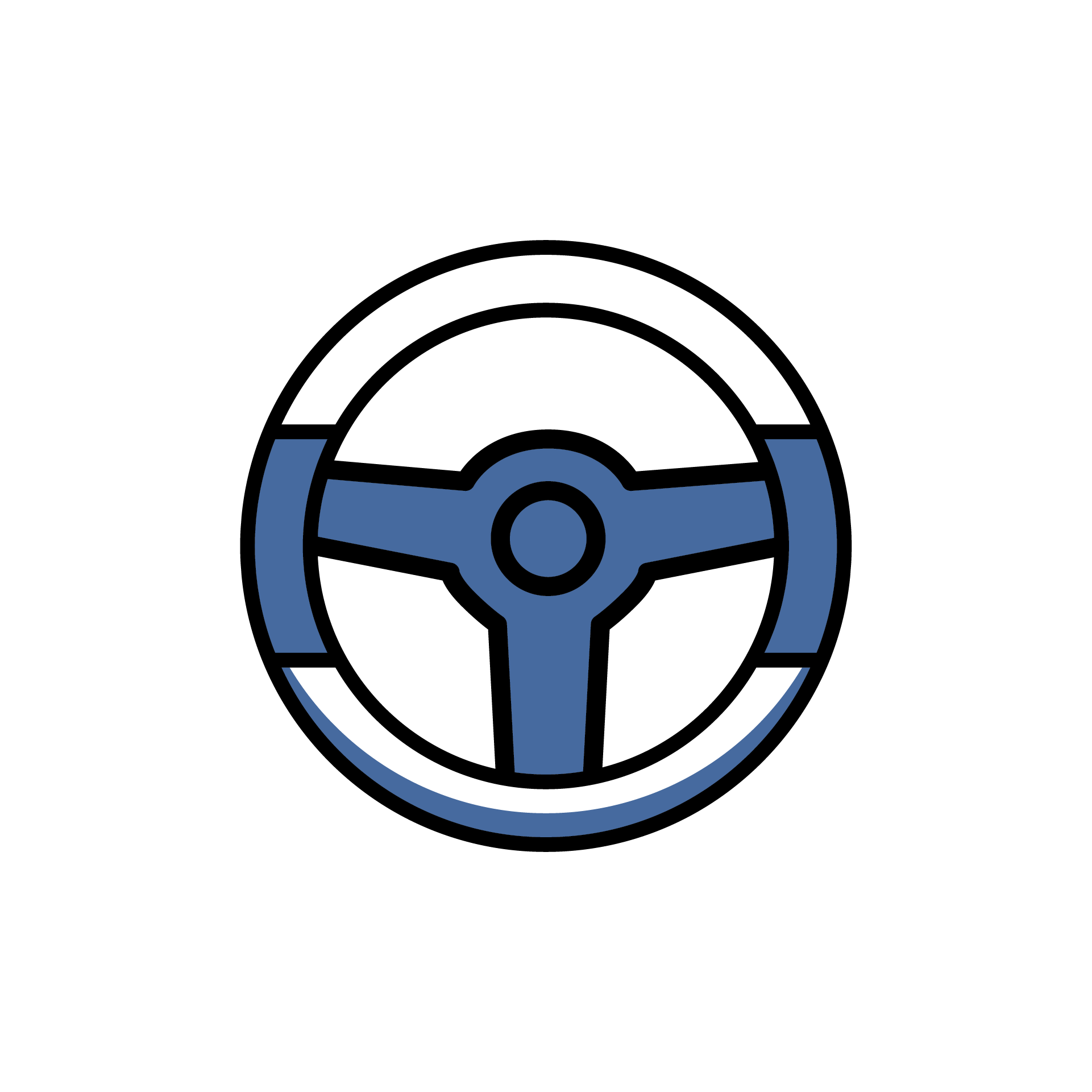 Graphic image of a blue and black steering wheel.