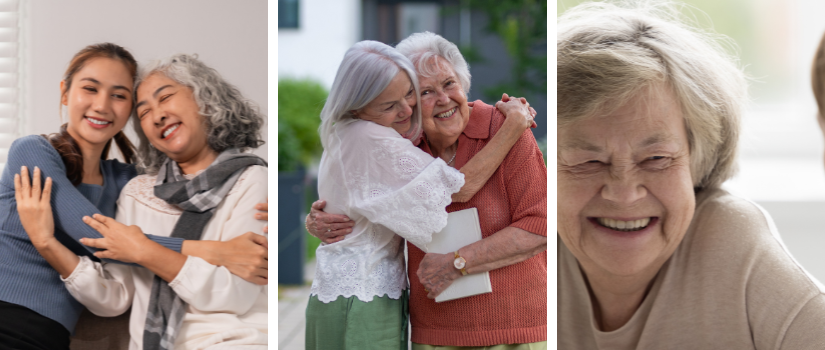 a collage of photos of older adults and their children 