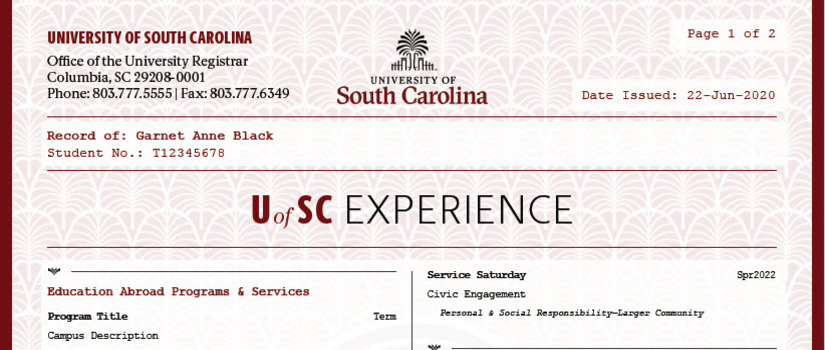 screen shot of co-curricular transcript from MyUofSC experience