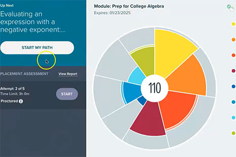 Dashboard interface showing a student algebra practice app with a circular performance chart. The chart displays color-coded segments and a score of 110 in the center, alongside a panel with lesson options and a ‘Start My Path’ button.