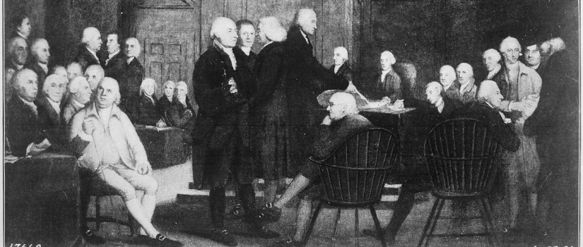 Drawing of the Continental Congress voting for independence