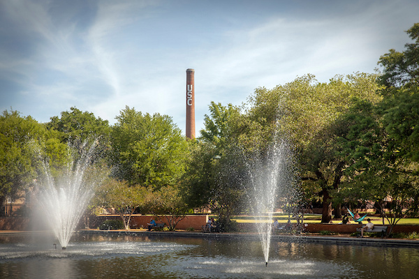 usc tower with fountain