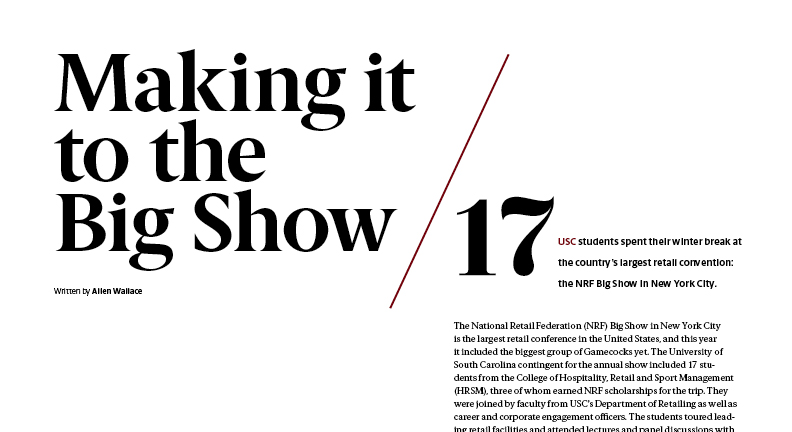 Berlingske Serif Bold is ideal for headlines while Berlingske Sans helps readers move effortlessly through paragraphs of body type. Karlie Extras Regular draws attention to the number and leads the reader into the text.