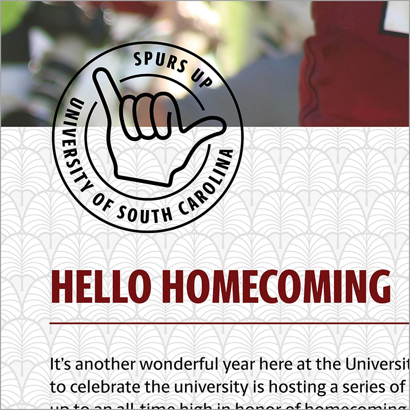 Example of a UofSC stamp top the top left of a heading, overlapping a background pattern and a banner image.