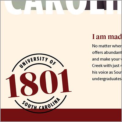An example of a university stamp with text University of South Carolina circling larger text 1801, all in the bottom left corner of a university document.