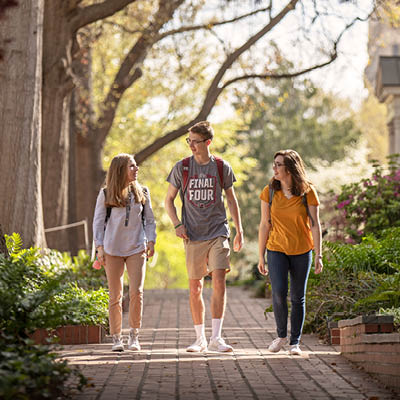 Three students walking and talking on the Horseshoe.