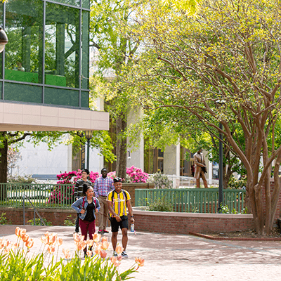 Two students walking near the health center on campus in the spring.