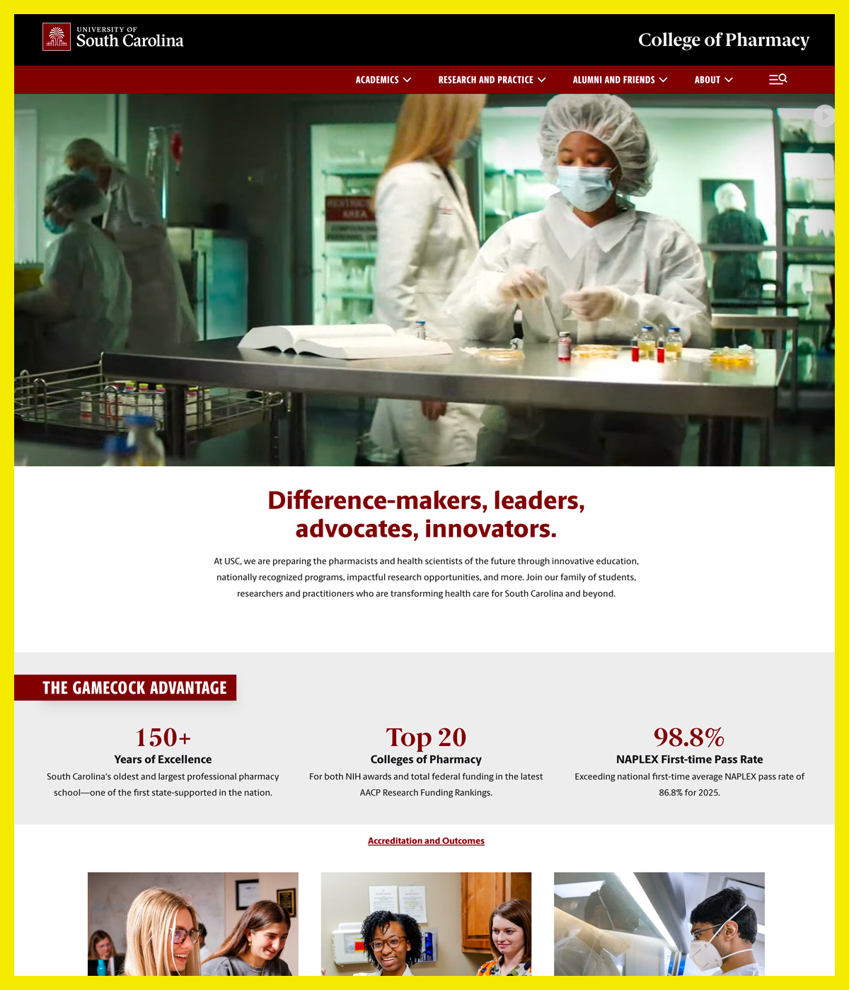 Screen shot of the College of Pharmacy homepage