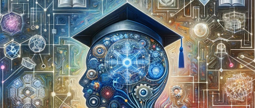 Head with cogs and wheels wearing graduation cap