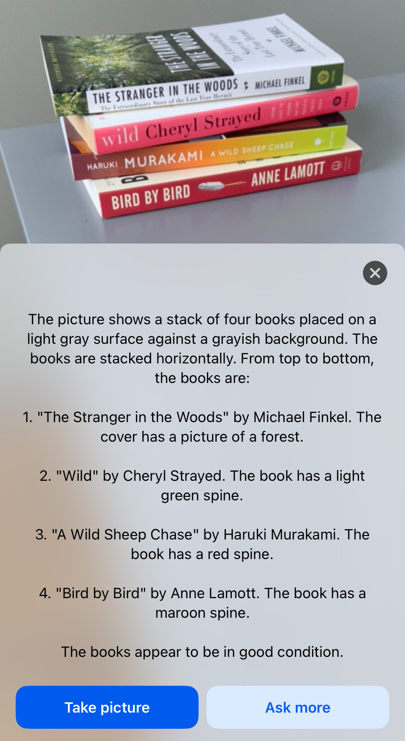 A screenshot of a stack of four books with an image description beneath them. The picture shows a stack of four books placed on a light gray surface against a grayish background. The books are stacked horizontally. From top to bottom, the books are: 1. The Stranger in the Woods by Michael Finkel. The cover has a picture of a forest. 2. Wild by Cheryl Strayed. The book has a light green spine. 3. A Wild Sheep Chase by Haruki Murakami. The book has a red spine. 4. Bird by Bird by Anne Lamott. The book has a maroon spine. The books appear to be in good condition.