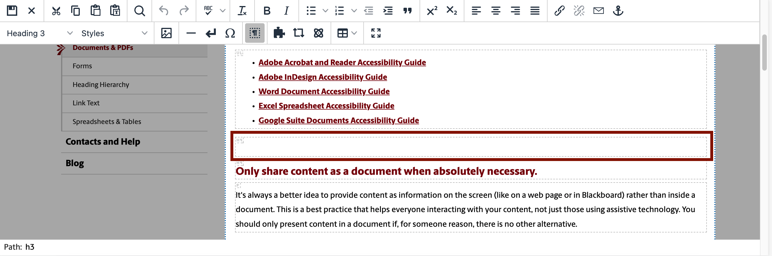 A screenshot of the content editor in Omni CMS. The "show blocks" button is selected in the toolbar. An empty content block labelled with "H4" is highlighted with a red box.