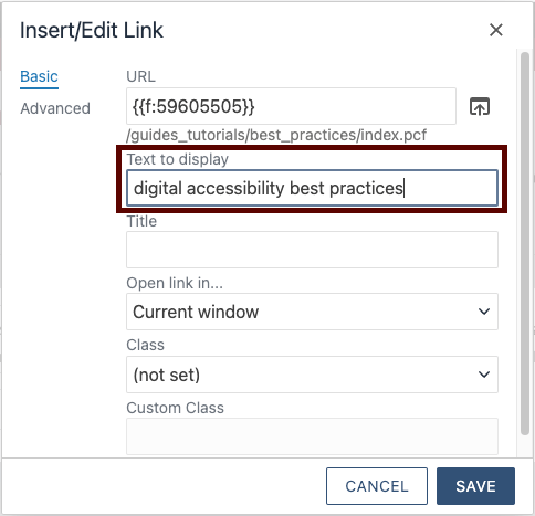 A screenshot of the Insert/Edit Link dialog in Omni CMS. The text to display for the link is "digital accessibility best practices".
