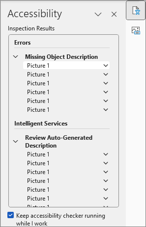 Screenshot of Word accessibility checker displaying multiple missing object description issues under errors and multiple review auto-generated description notices under intelligent services section. All contain same title, "picture 1".