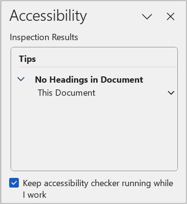 Screenshot of Accessibility Checker displaying "no headings in document".