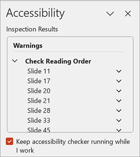 Screenshot of PowerPoint Accessibility Checker displaying "check reading order" under warnings.  Multiple slides are listed within warning.