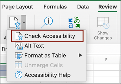 Screenshot of the Check Accessibility dropdown in the Review ribbon of Excel. The first option, Check Accessibility, is highlighted in a garnet box.
