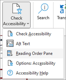 Screenshot of check accessibility drop menu with reading order pane highlighted under check accessibility and alt text options.