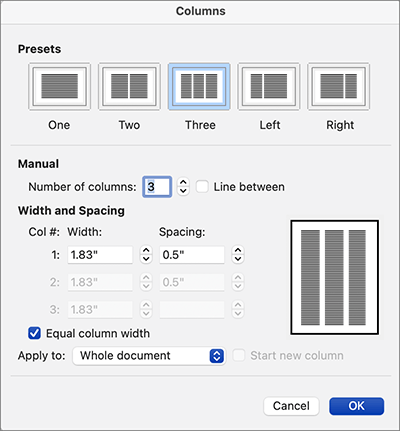 Screenshot of the Columns dialog in Word. The number of columns selected is 3 with a column width of 1.83 inches and spacing of 0.5 inches between columns. The Equal column width checkbox is selected.