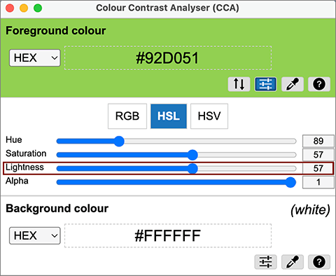 Screenshot of the Color Contrast Analyser. The foreground color is #92D051 and the background color is #FFFFFF. The HSL Lightness slider is outlined with a garnet box.