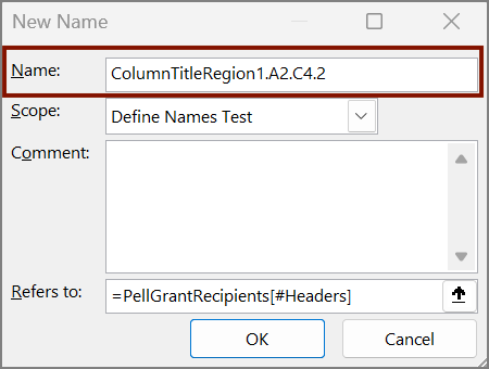 Screenshot of the Define Names: New Name dialog. The Name provided is ColumnTitleRegion1.A2.C4.2, with the Scope Define Names Test.