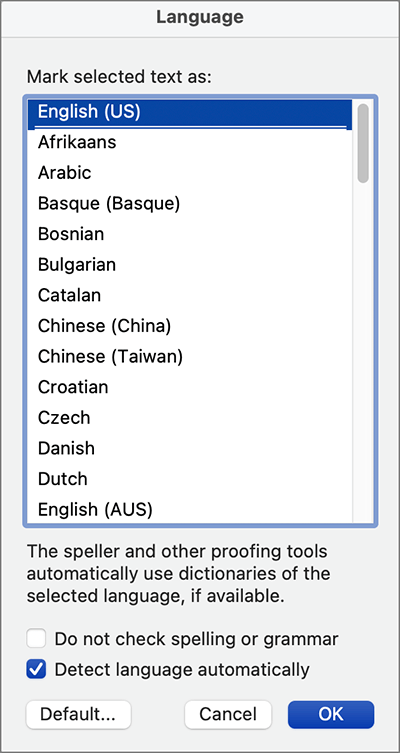 Screenshot of the Language dialog in Word. English (US) is selected with the Detect language automatically checkbox selected as well.