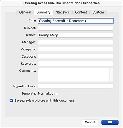 Screenshot of the document properties in Word for Mac. The Summary tab is selected with the Title Creating Accessible Documents.