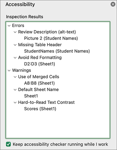Screenshot of the Inspection Results in the Accessibility Pane. 3 Errors are listed: Review Description (alt-text), Missing Table Header, and Avoid Red Formatting. 3 Warnings are listed: Use of Merged Cells, Default Sheet Name, and Hard-to-read Text Contrast.