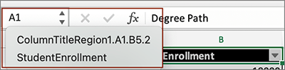 Screenshot of the name box in Excel. The box is focused on cell A1. In the dropdown are the options ColumnTitleRegion1.A1.B5.2 and StudentEnrollment.