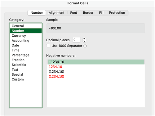 Screenshot of the Format Cells dialog in Excel. The Number category is selected. There are four options for formatting Negative Numbers: -1234.10, 1234.10 in red formatting, (1234.10), and (1234.10) in red formatting. 