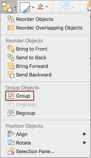 Screenshot of the Arrange dropdown in PowerPoint. Under the Group Objects heading, the Group option is highlighted with a garnet box.