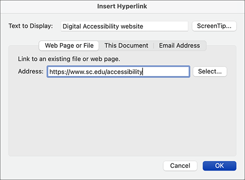Screenshot of the Insert Hyperlink dialog on Mac. The Text to display is Digital Accessibility website and the Address is https://www.sc.edu/accessibility.