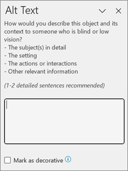 Screenshot of Word alt text pane with blank text box and listed image description tips: the subject(s) in detail, the setting, the actions or interactions, and other relevant information. 
