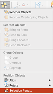 Screenshot of the Arrange drop menu showing the "Selection Pane..." option highlighted.